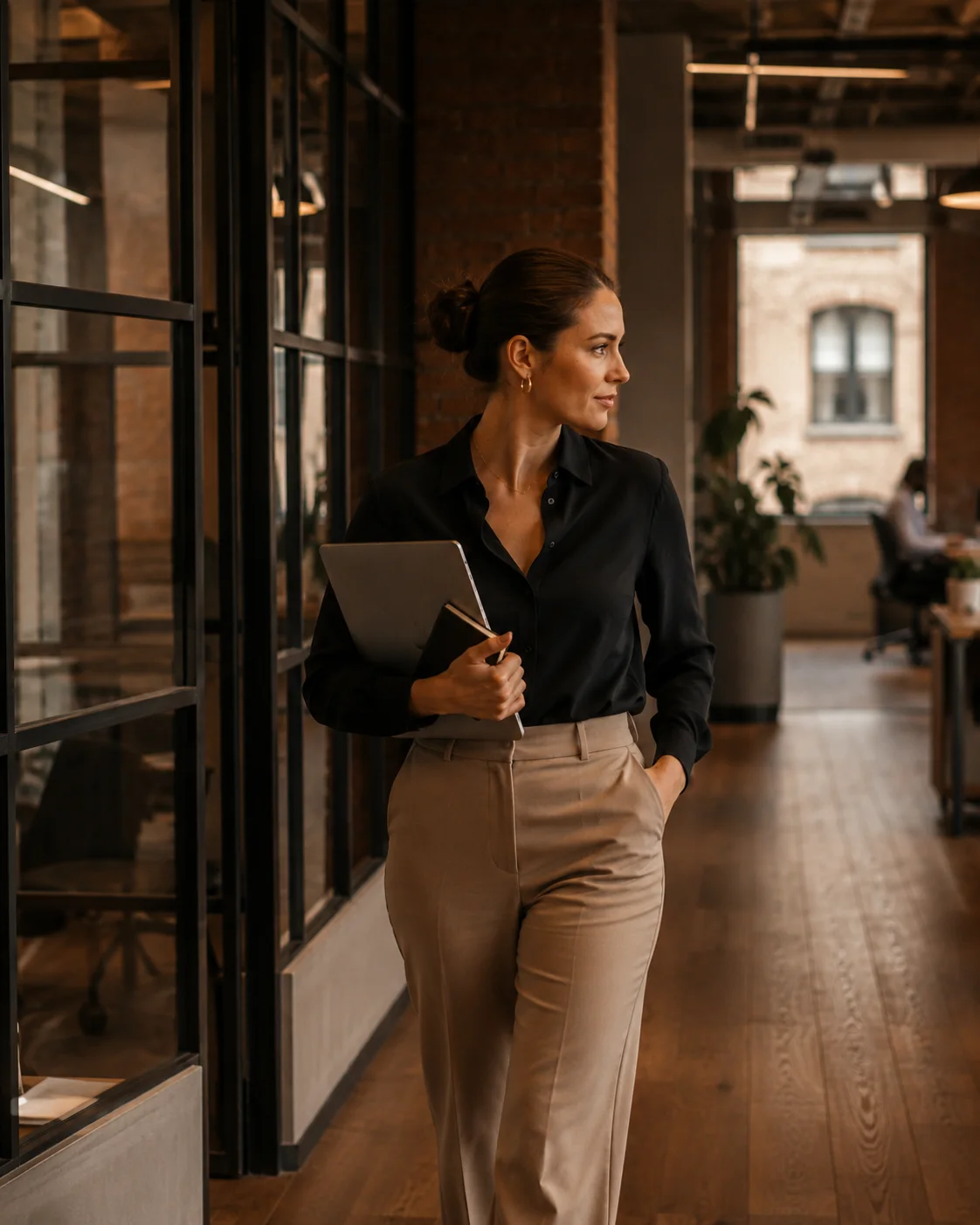 HR technology professional carrying a laptop through a warm, modern office