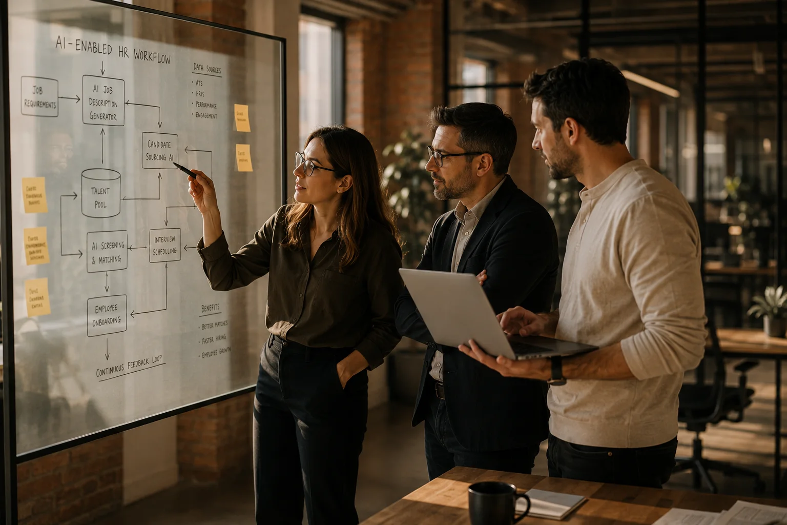 HR specialists mapping an AI-enabled hiring and payroll workflow on an office glass board