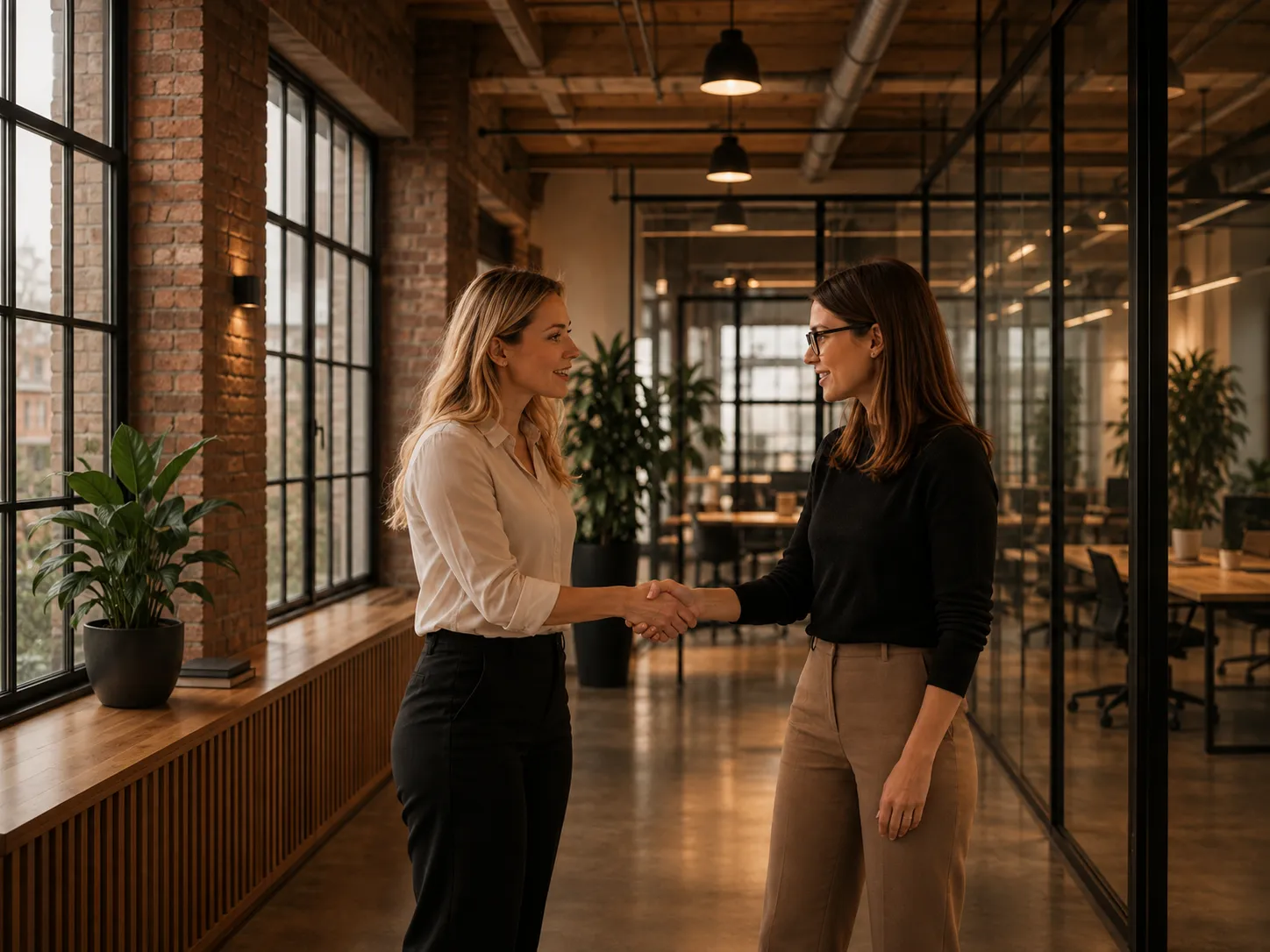 Two professional women shaking hands in a warm contemporary office after discussing an international hiring partnership