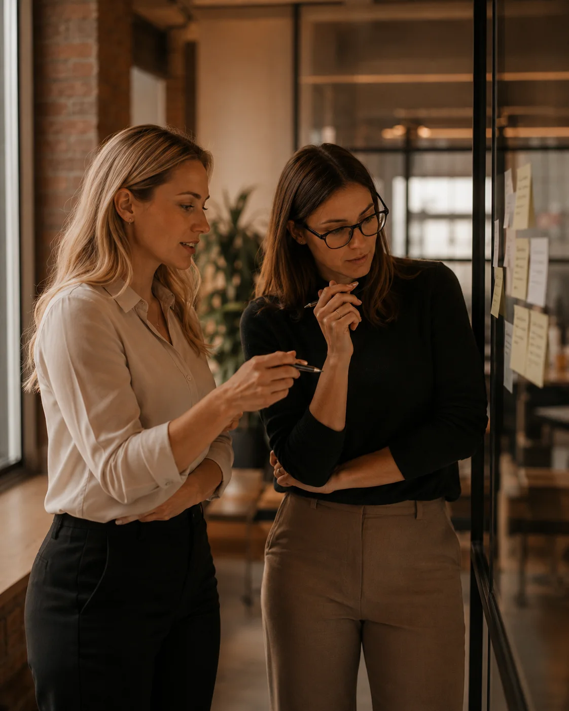 Two HR professionals reviewing workforce plans together beside a glass office wall