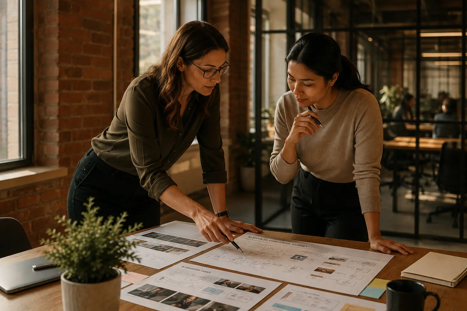 Two HR advisers reviewing workforce integration plans during an M&A project