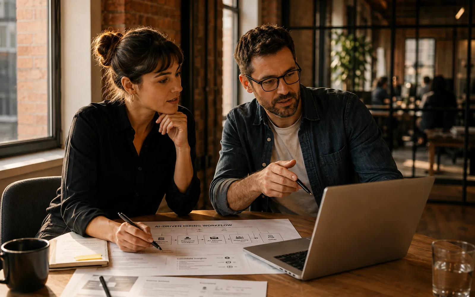 Two HR professionals reviewing an AI-driven hiring workflow document together on a laptop in an office
