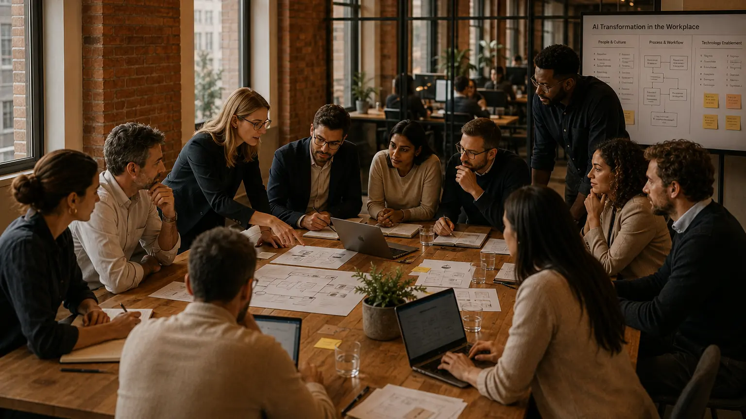 HR and business leaders collaborating on AI transformation, workforce strategy and organisational planning